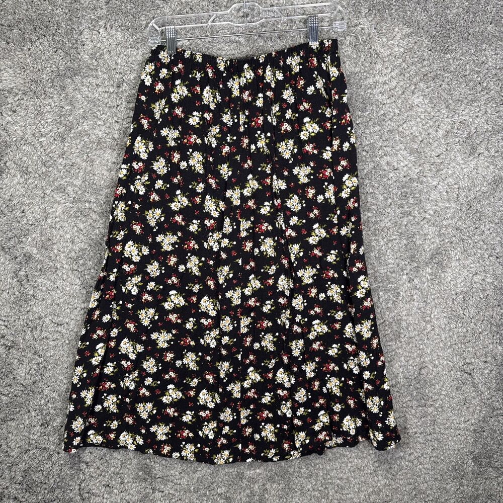 Vintage 90s Floral Midi Skirt Pull On Black Medium Made In USA Boho - Picture 2 of 4